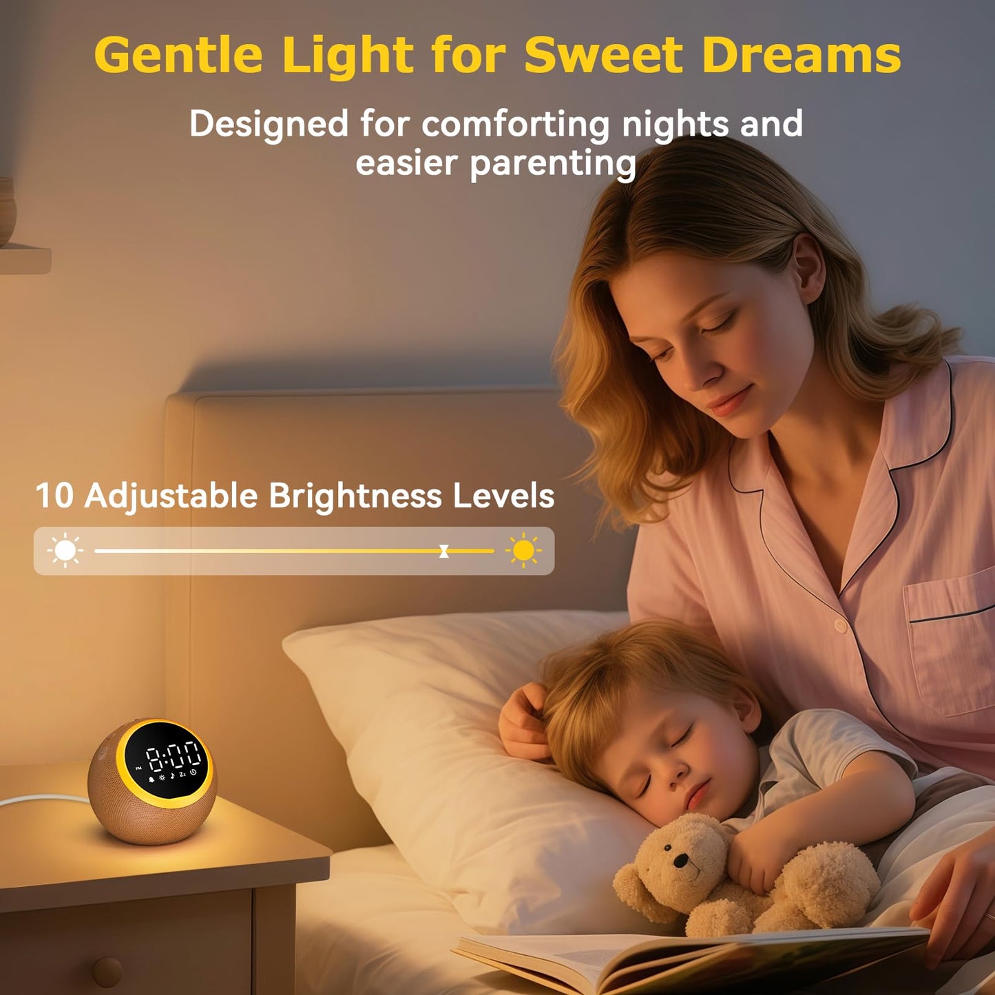 Rohent Alarm Clock with Soft Sounds – 30 Calming Sounds, 10 Gentle Wake-Up Tones, 32 Volume Levels, Memory Function (Brown)