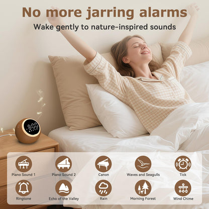 Rohent Alarm Clock with Soft Sounds – 30 Calming Sounds, 10 Gentle Wake-Up Tones, 32 Volume Levels, Memory Function (Brown)