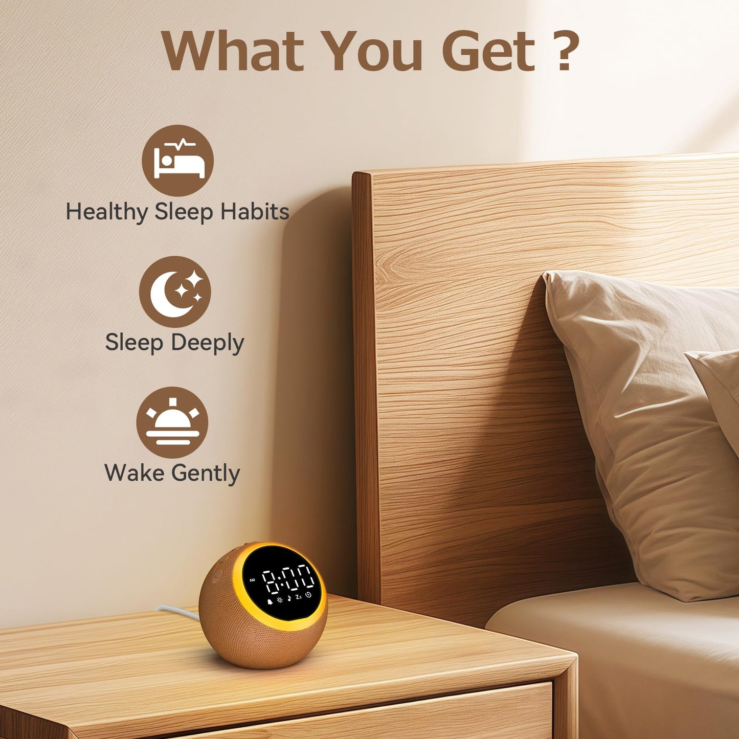 Rohent Alarm Clock with Soft Sounds – 30 Calming Sounds, 10 Gentle Wake-Up Tones, 32 Volume Levels, Memory Function (Brown)
