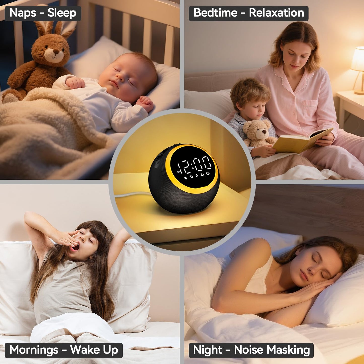 Rohent Alarm Clock with White Noise – 30 Sounds, 10 Wake-Up Tones, 32 Volume, Memory (Black)