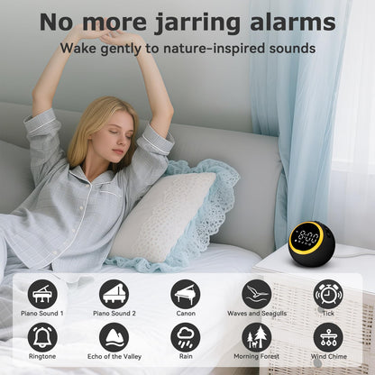 Rohent Alarm Clock with White Noise – 30 Sounds, 10 Wake-Up Tones, 32 Volume, Memory (Black)