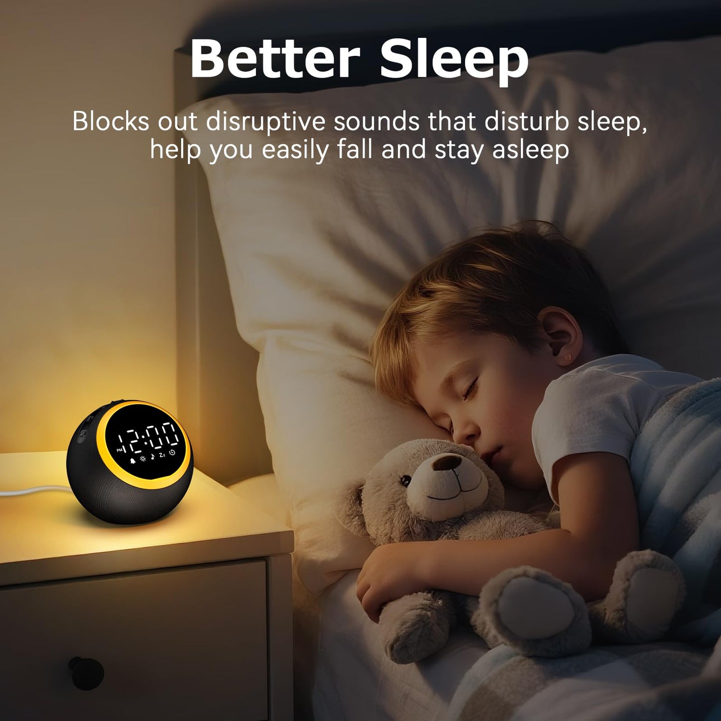 Rohent Alarm Clock with White Noise – 30 Sounds, 10 Wake-Up Tones, 32 Volume, Memory (Black)