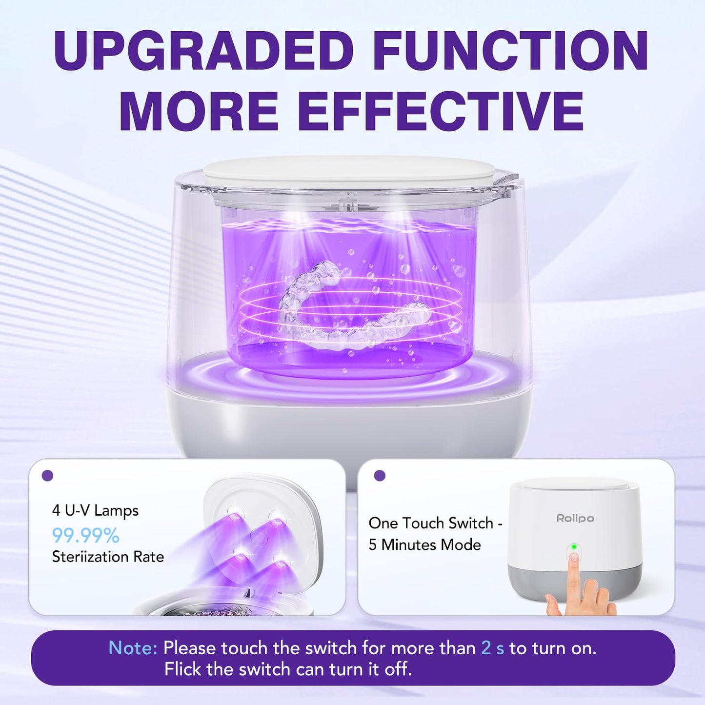 Rolipo Ultrasonic Retainer Cleaner 320ML – 45kHz Denture Cleaner with 4 UV Lamps