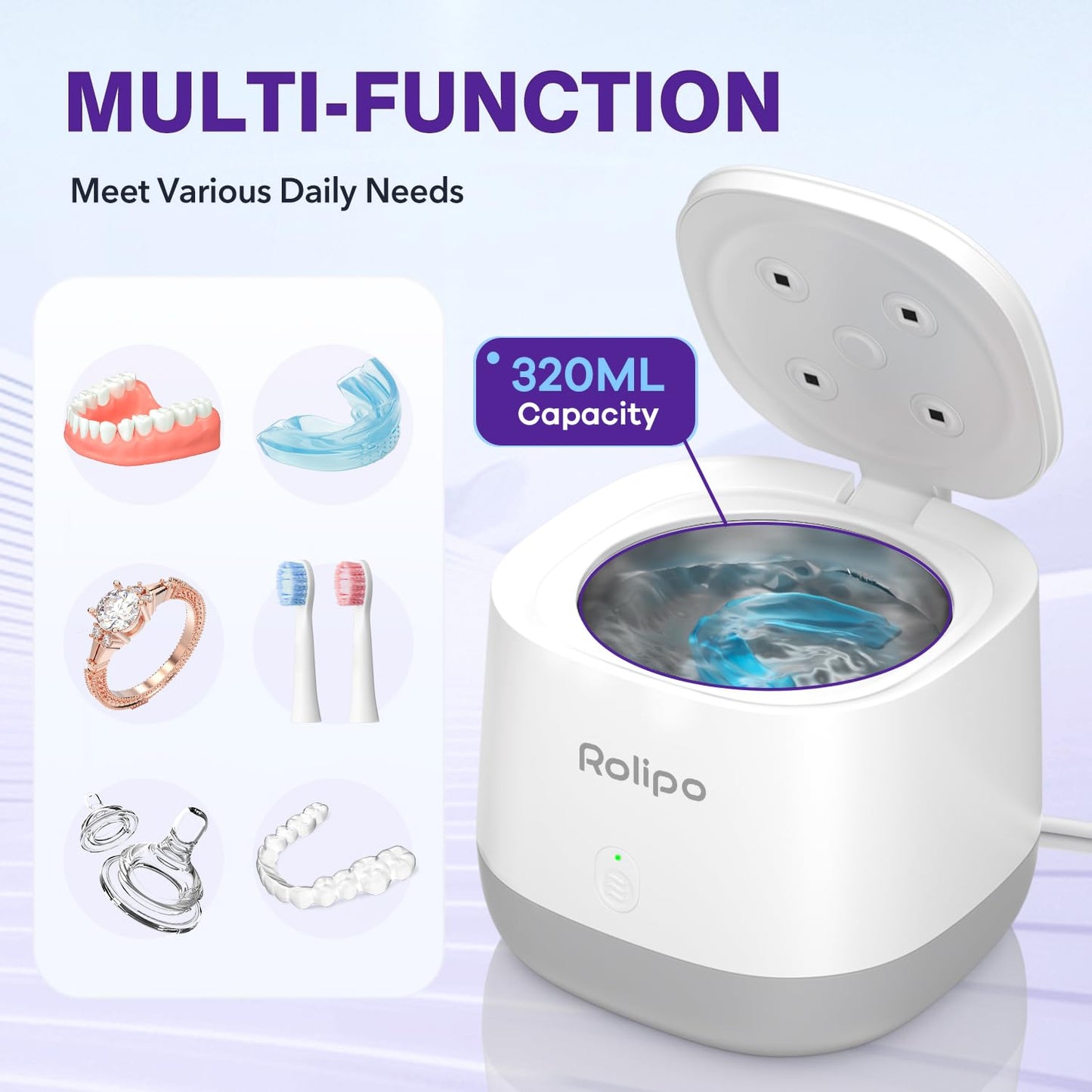 Rolipo Ultrasonic Retainer Cleaner 320ML – 45kHz Denture Cleaner with 4 UV Lamps