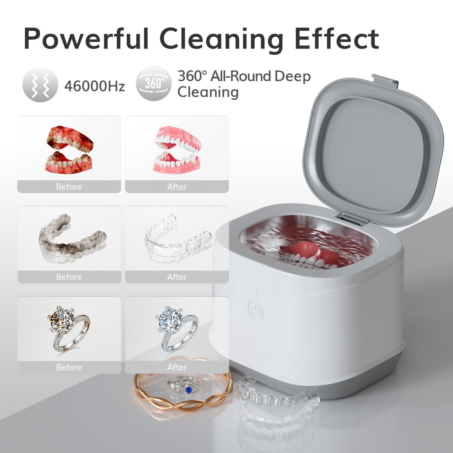 ROLWAY Ultrasonic Retainer Cleaner 46kHz – 220ml, One-Touch Deep Cleaning for Mouth Guards & Aligners (White)
