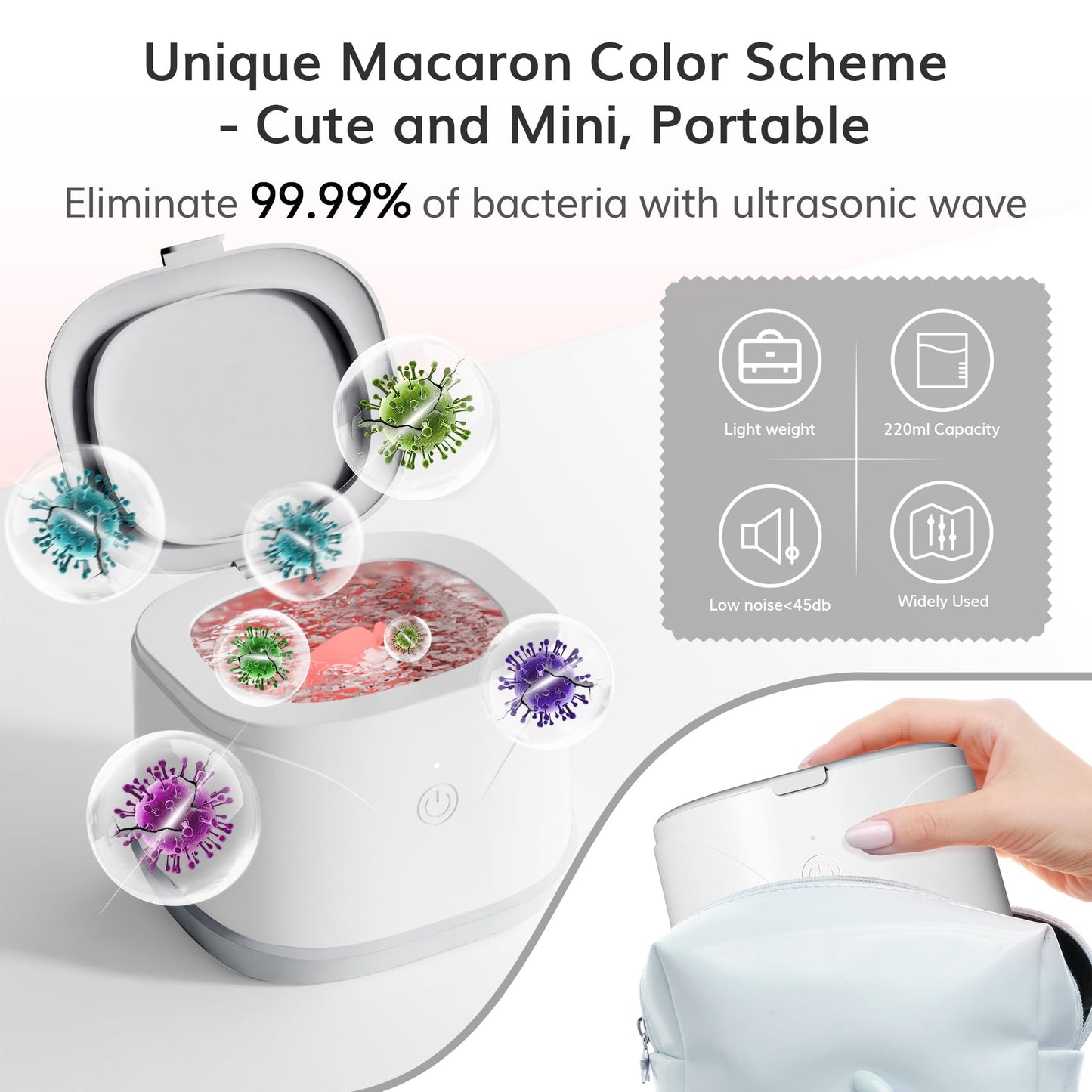 ROLWAY Ultrasonic Retainer Cleaner 46kHz – 220ml, One-Touch Deep Cleaning for Mouth Guards & Aligners (White)