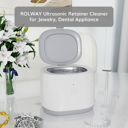 ROLWAY Ultrasonic Retainer Cleaner 46kHz – 220ml, One-Touch Deep Cleaning for Mouth Guards & Aligners (White)