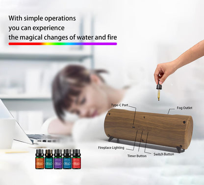 Romanplux Flame Diffuser Humidifier — 7-Color Flame, Wood Shape Fireplace Design with Auto-Shutoff