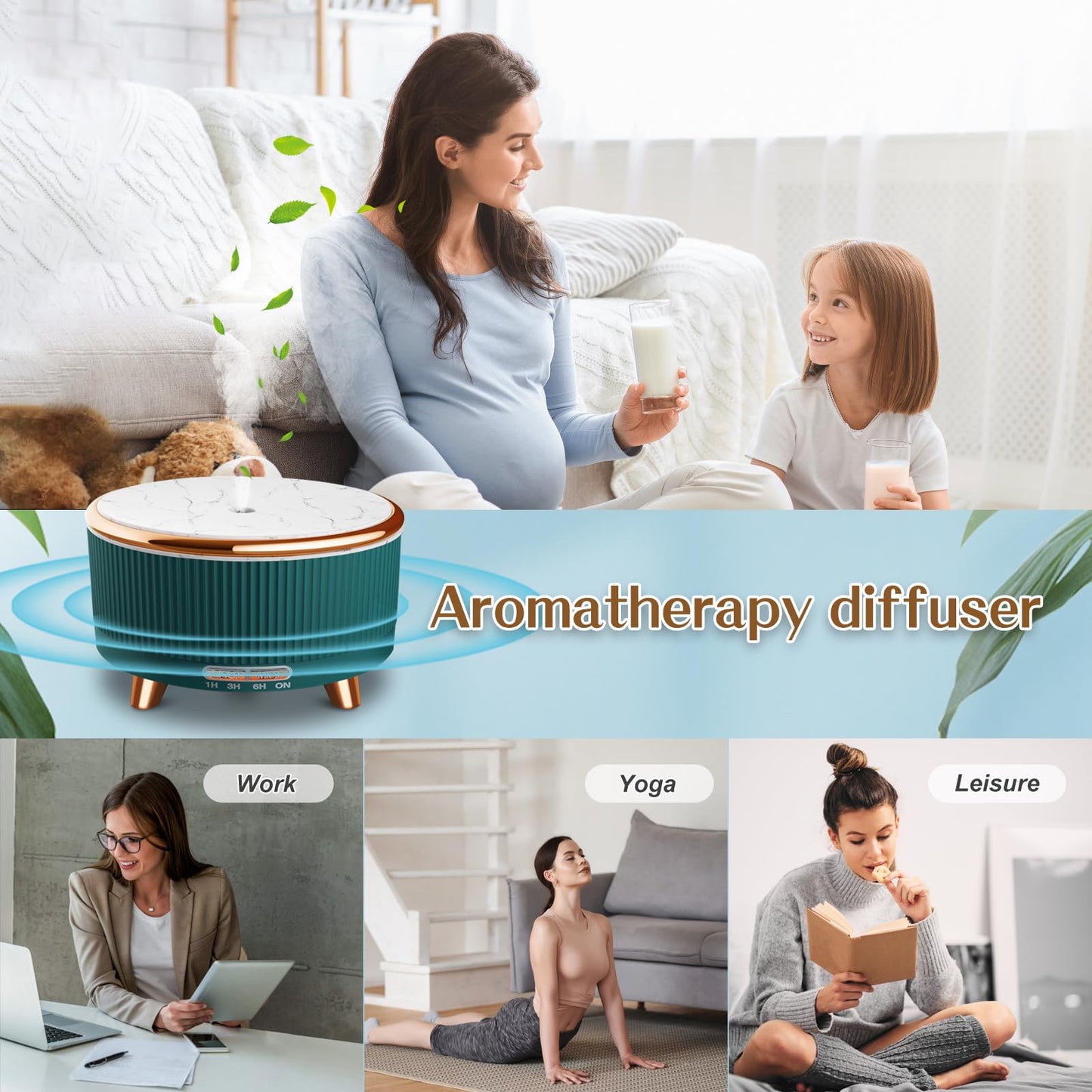 Roonbo 500ml Essential Oil Diffuser – Large Room Aromatherapy with 7 Color Lights, 3 Mist Modes, Auto-Off (Green)