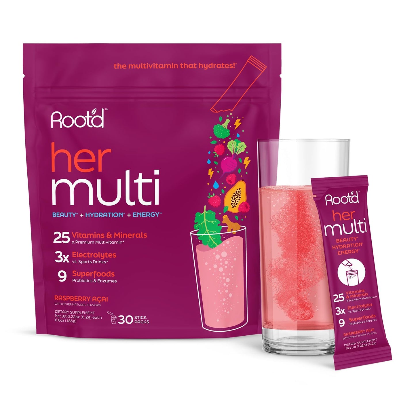 Root'd Multivitamin Powder for Women – 25 Vitamins & 3x Electrolytes | 9 Organic Superfoods | Sugar-Free Hydration | 30 Packets