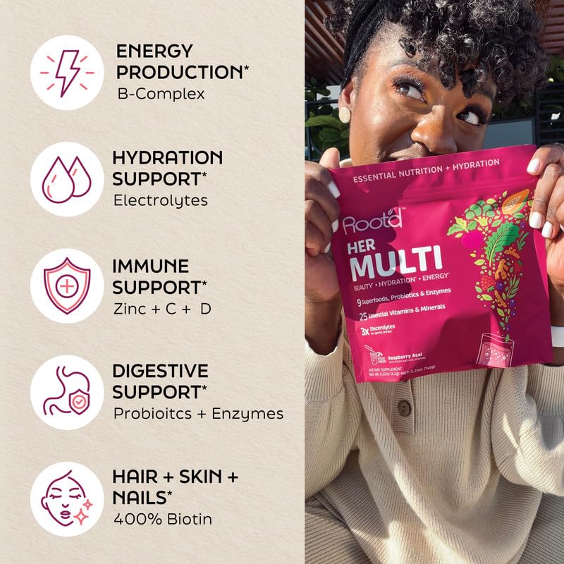 Root'd Multivitamin Powder for Women – 25 Vitamins & 3x Electrolytes | 9 Organic Superfoods | Sugar-Free Hydration | 30 Packets
