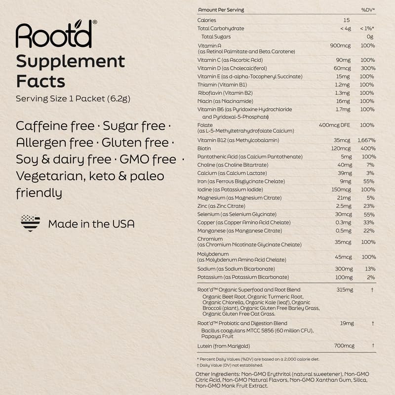 Root'd Multivitamin Powder for Women – 25 Vitamins & 3x Electrolytes | 9 Organic Superfoods | Sugar-Free Hydration | 30 Packets