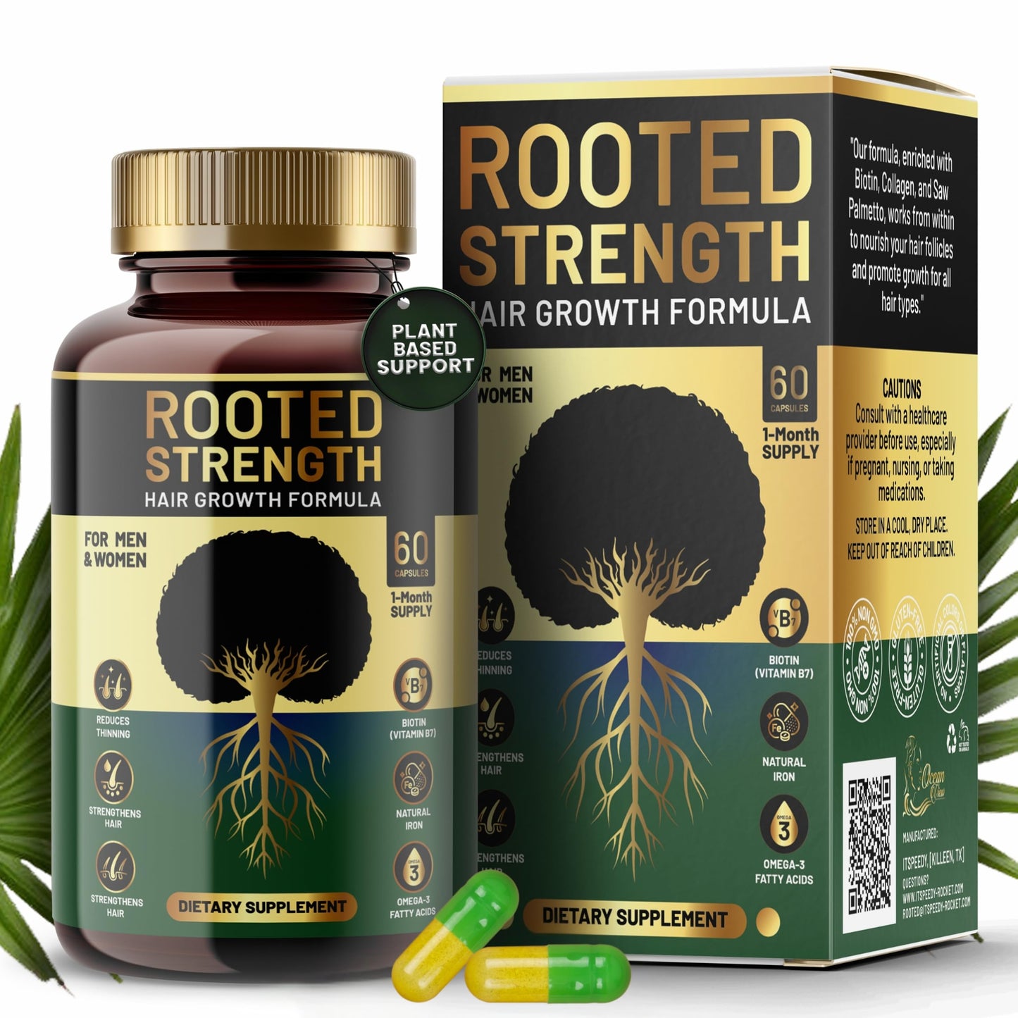 Rooted Strength Hair Growth Vitamins - DHT Blocker, Biotin & Collagen | 60 Capsules
