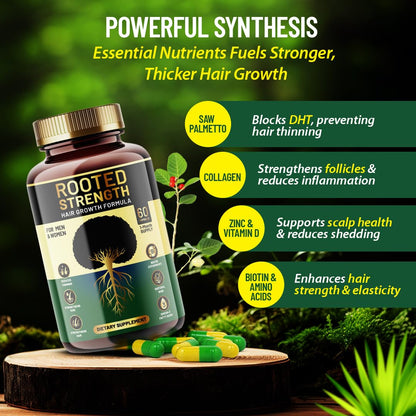 Rooted Strength Hair Growth Vitamins - DHT Blocker, Biotin & Collagen | 60 Capsules