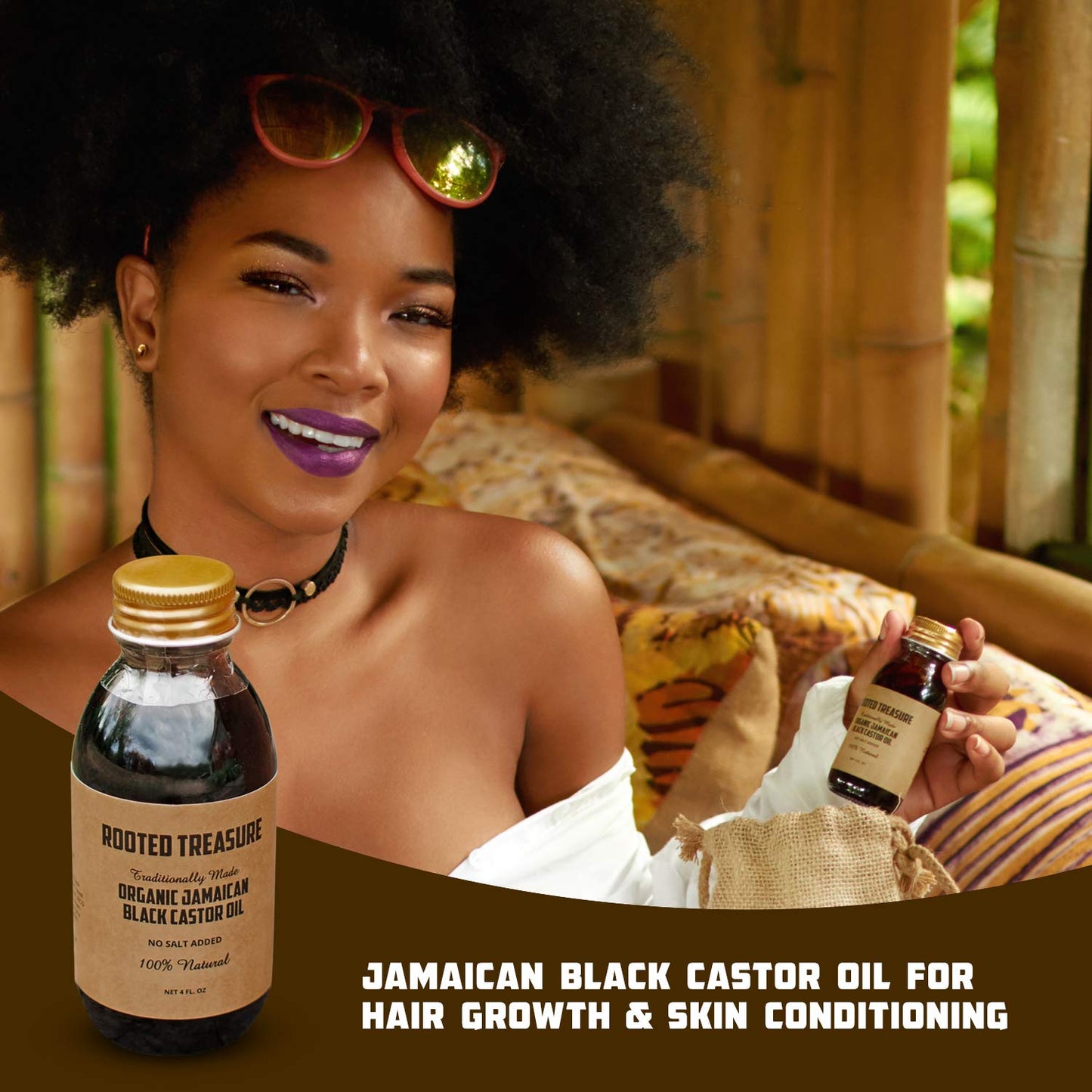 Rooted Treasure Organic Pure Jamaican Black Castor Oil 4oz: 100% Natural For Hair, Eyebrow and Beard Growth - No Salt or Preservatives Added