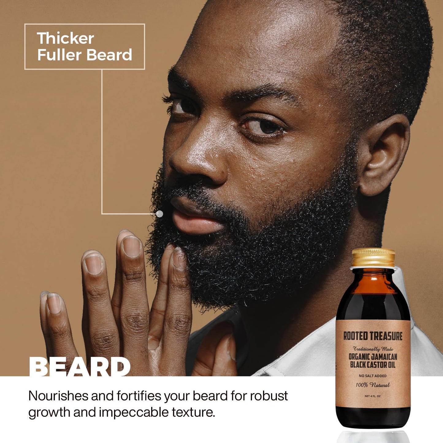 Rooted Treasure Organic Pure Jamaican Black Castor Oil 4oz: 100% Natural For Hair, Eyebrow and Beard Growth - No Salt or Preservatives Added
