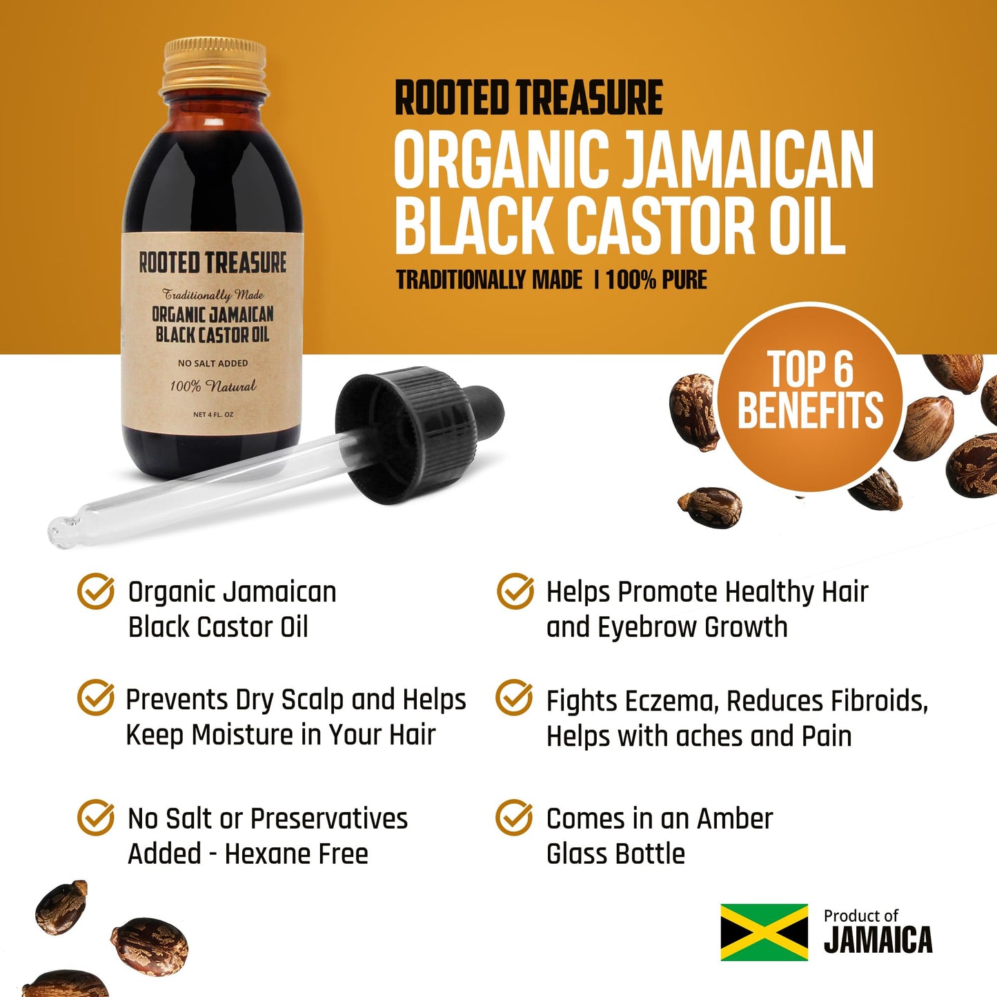 Rooted Treasure Organic Pure Jamaican Black Castor Oil 4oz: 100% Natural For Hair, Eyebrow and Beard Growth - No Salt or Preservatives Added