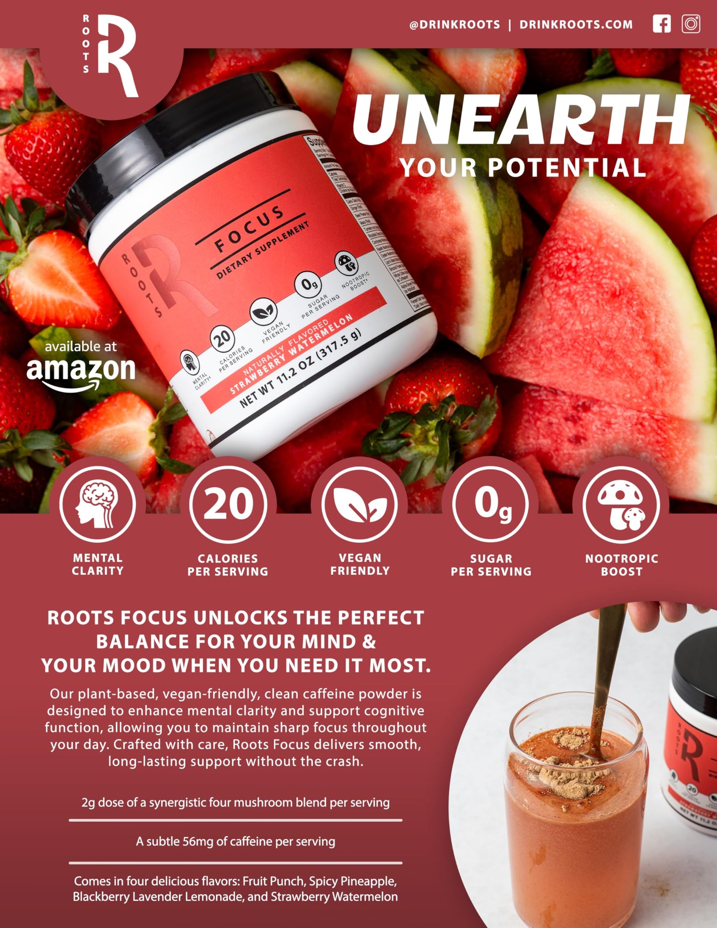 Roots Focus Nootropic Brain Supplement by Silver Star Nutrition – Fruit Punch, 50 Servings