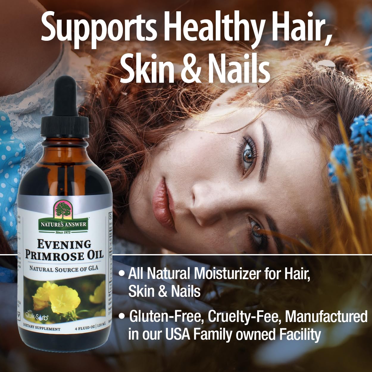 Nature's Answer Evening Primrose Oil 4oz - Cold-Pressed, All-Natural Moisturizer for Hair, Skin & Nails | Rosacea & Eczema Relief