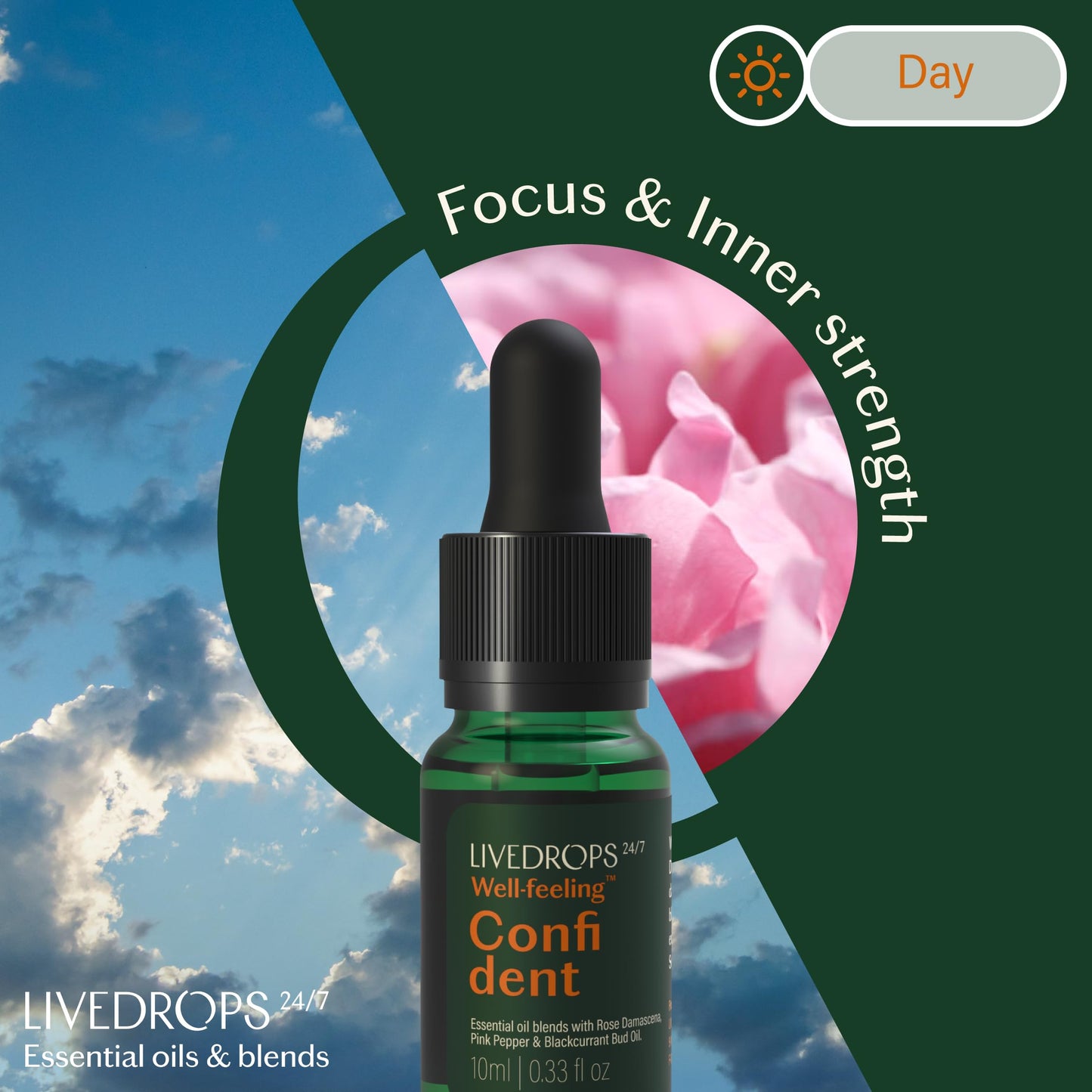Livedrops 24/7 Confident Essential Oil Blend 10ml – Rose Damascena, Pink Pepper & Blackcurrant Bud