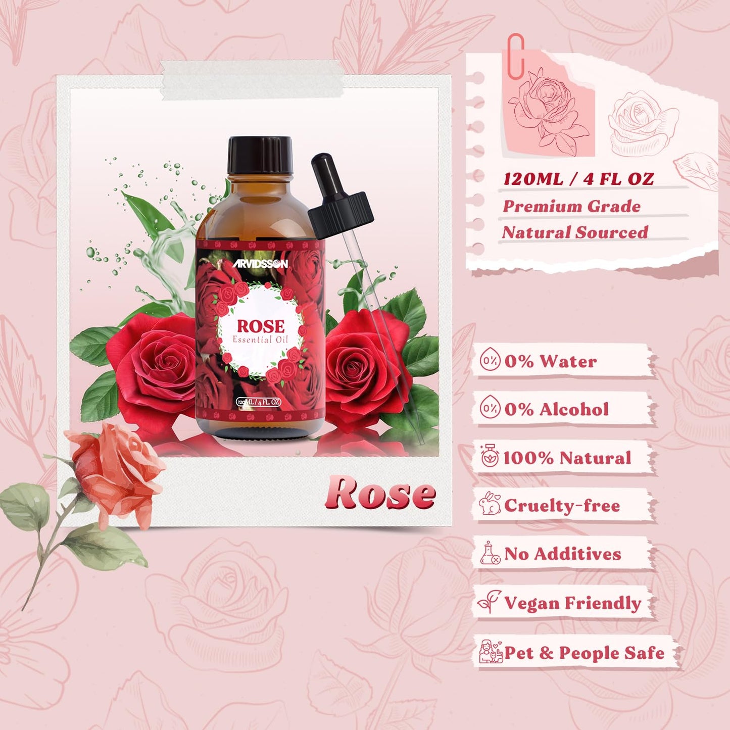 Rose Essential Oil 4 Oz (120ml) - Pure & Natural Fragrance for Diffusers, Aromatherapy, Massage