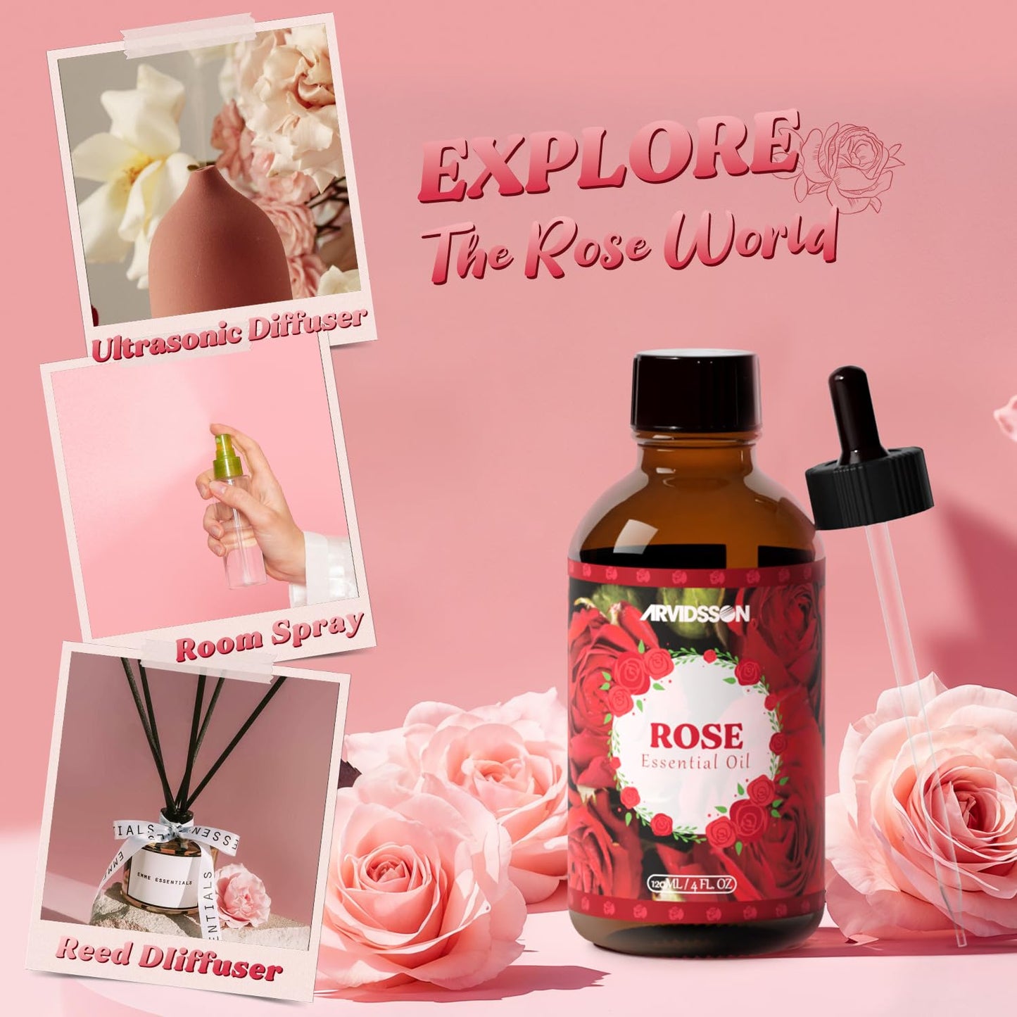 Rose Essential Oil 4 Oz (120ml) - Pure & Natural Fragrance for Diffusers, Aromatherapy, Massage