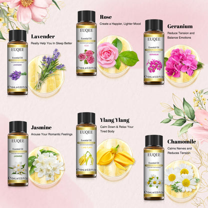 EUQEE Floral Essential Oils Set of 6 – 10ml Diffuser, Soap & Candle Oils