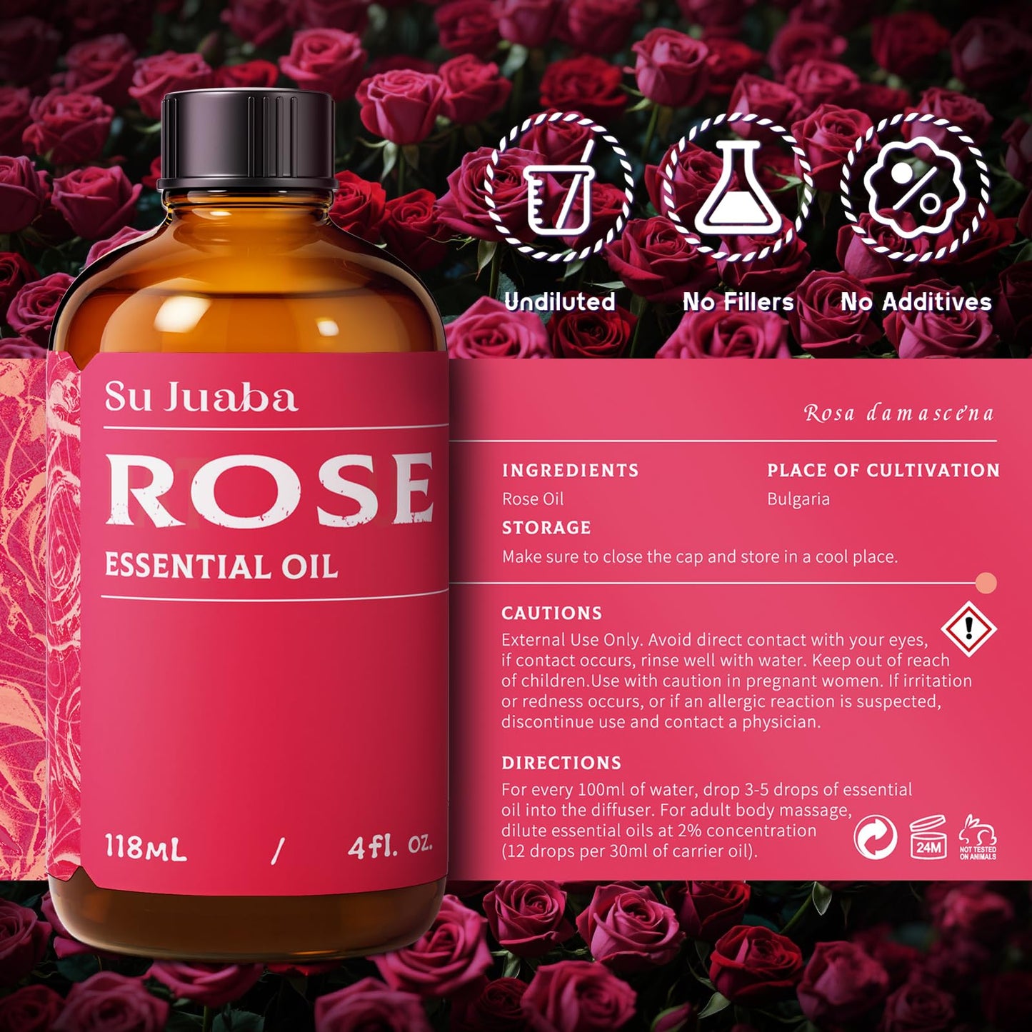 SU JUABA Rose Essential Oil - 4oz (118ml) Pure for Face, Skin & Hair