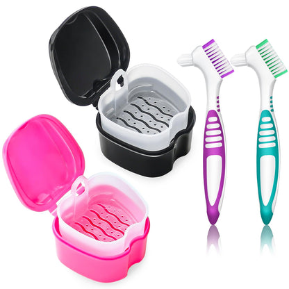 2 Pack Denture Bath Case Cup - Rose Red & Black | Retainer Cleaner Holder & Travel Storage