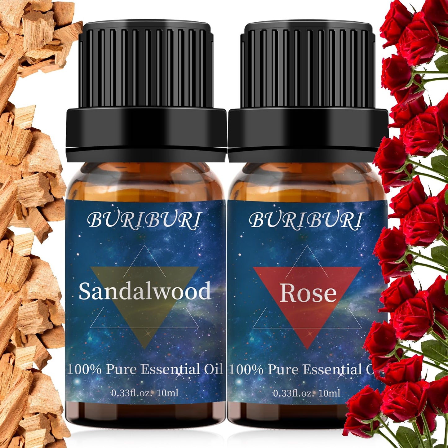 Rose and Sandalwood Essential Oil Gift Set – 100% Pure, Undiluted, Natural, Organic Aromatherapy, 10MLx2