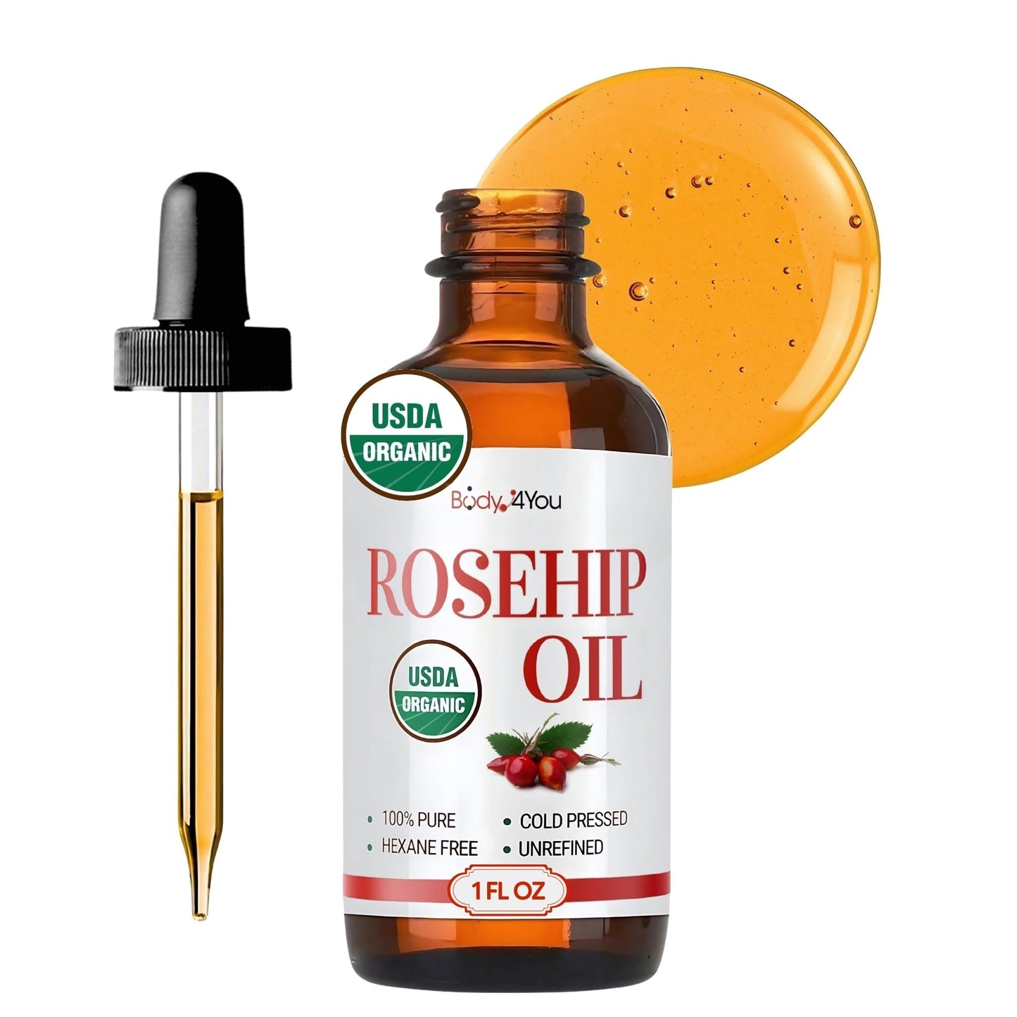 BodyJ4You Rosehip Oil for Face – 100% Pure USDA Organic Cold-Pressed, 1 oz