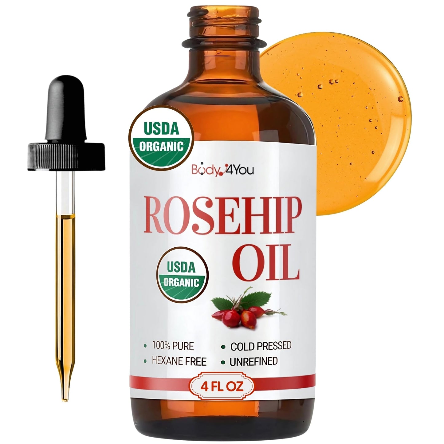 BodyJ4You Rosehip Oil for Face – 100% Pure Organic Cold-Pressed (4 oz)