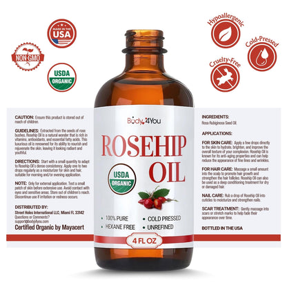 BodyJ4You Rosehip Oil for Face – 100% Pure Organic Cold-Pressed (4 oz)