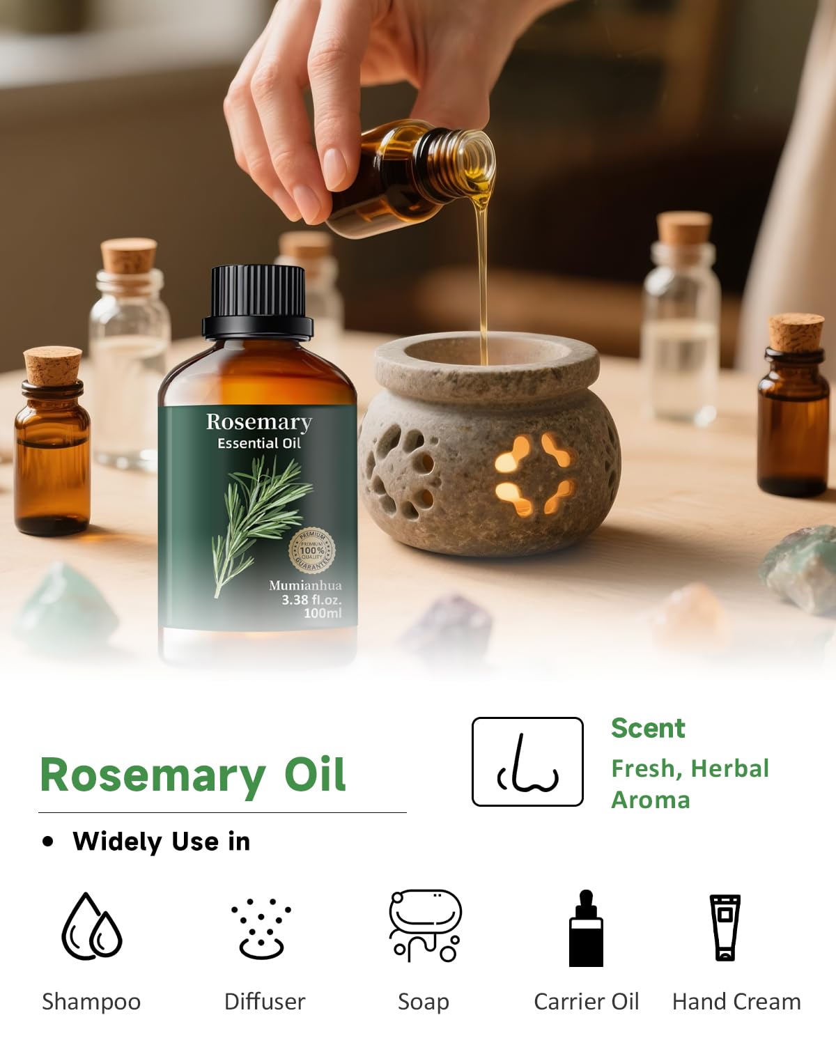 Rosemary Essential Oil Pure Mumianhua – Natural Rosemary Oil for Diffuser, Aromatherapy, Skincare, Hair & Soap Making | 3.38 Fl Oz