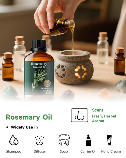 Rosemary Essential Oil Pure Mumianhua – Natural Rosemary Oil for Diffuser, Aromatherapy, Skincare, Hair & Soap Making | 3.38 Fl Oz