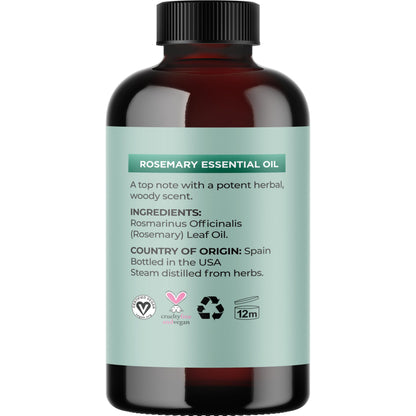 Pure Rosemary Essential Oil with Dropper - Undiluted 4oz for Hair, Skin & Nails