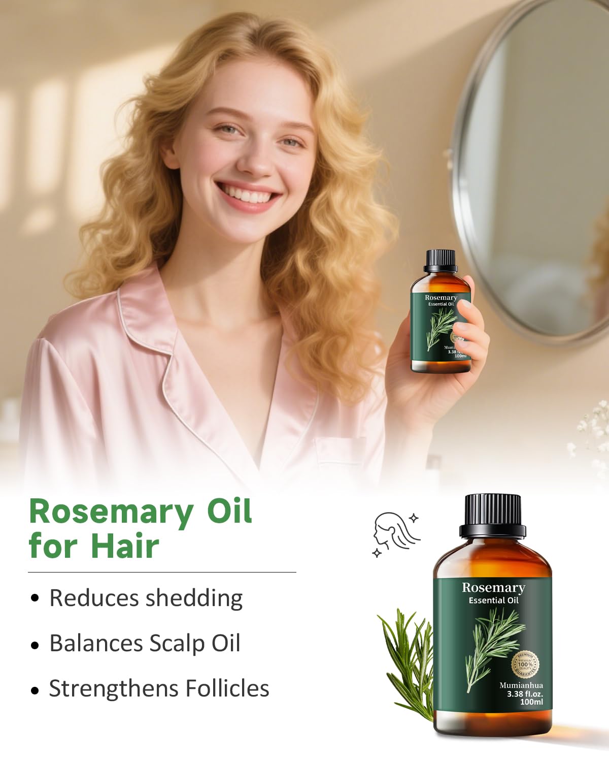 Rosemary Essential Oil Pure Mumianhua – Natural Rosemary Oil for Diffuser, Aromatherapy, Skincare, Hair & Soap Making | 3.38 Fl Oz