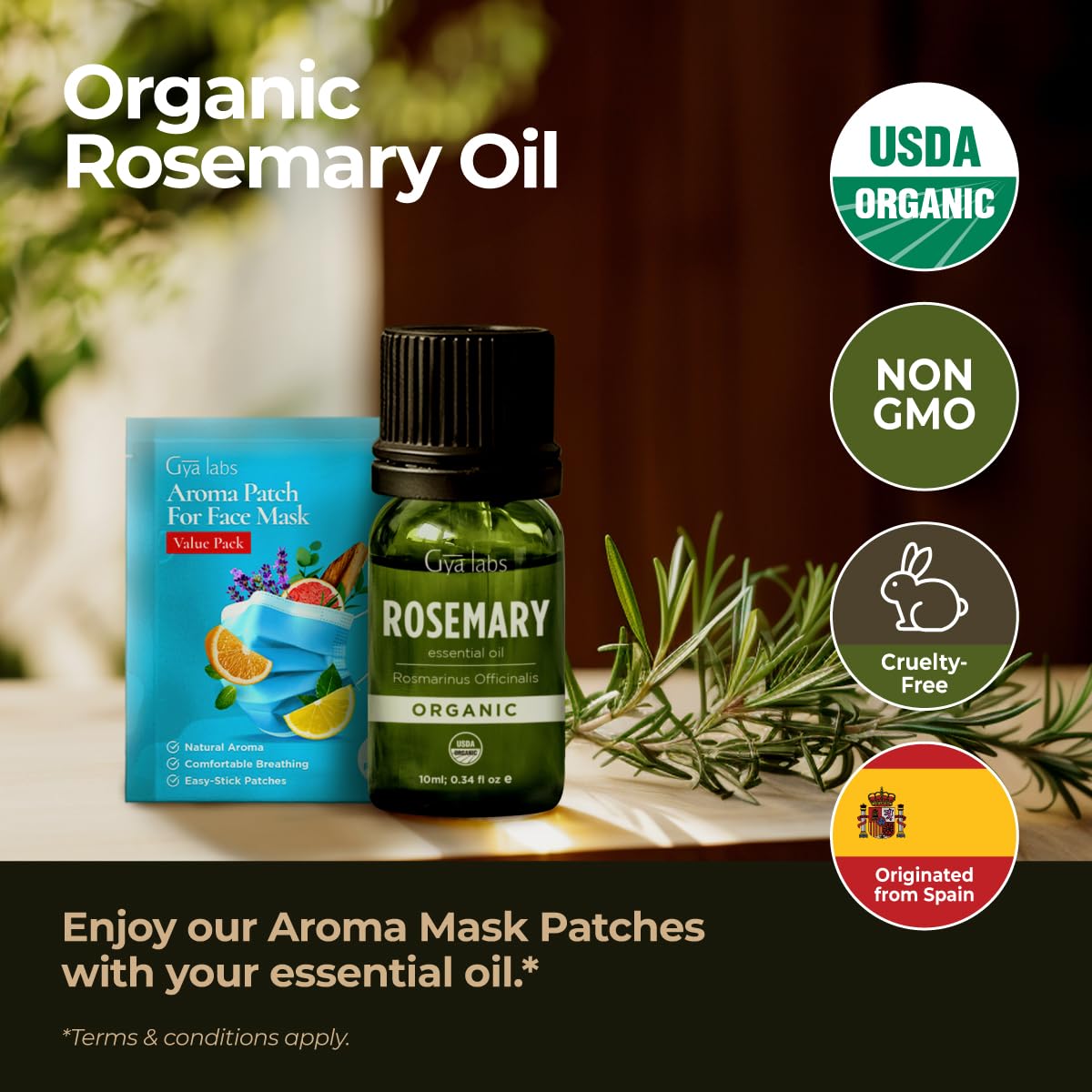 Gya Labs Organic Rosemary Essential Oil 0.34 Fl Oz - Hair, Skin, Diffuser