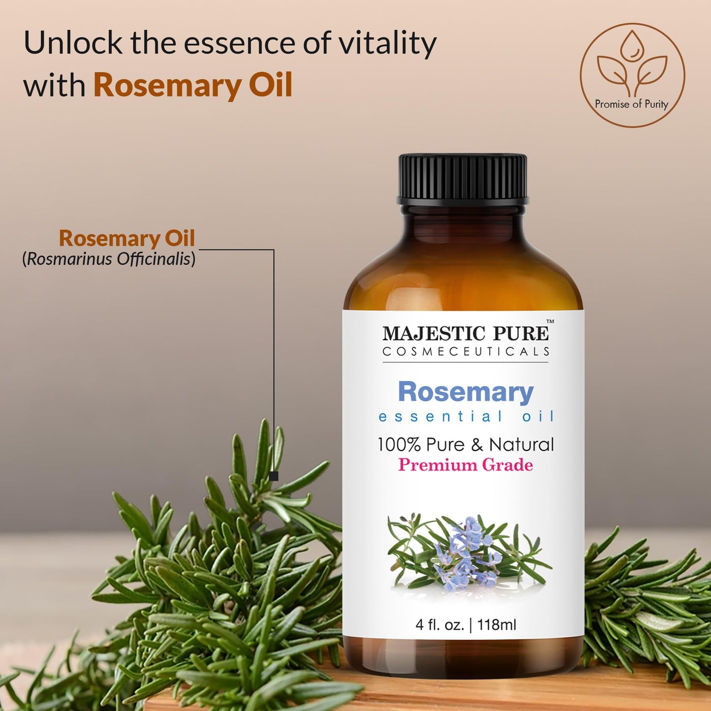 Majestic Pure Rosemary Essential Oil - 4 oz, 100% Pure & Natural in Amber Glass Dropper