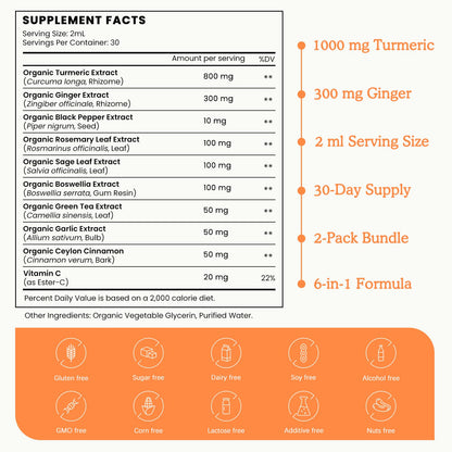 (2 Pack) Organic Turmeric Curcumin Liquid Drops - 1 Fl Oz