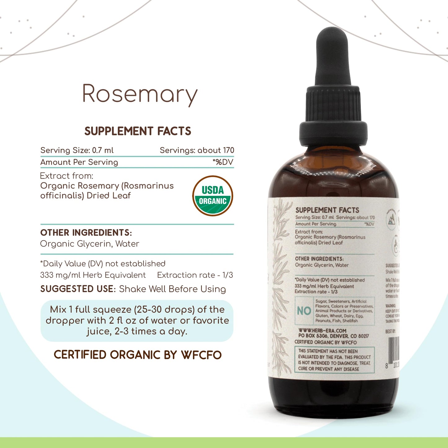 HerbEra Rosemary B120 USDA Organic Tincture | Alcohol-Free Extract, High-Potency Herbal Drops | Certified Organic Rosemary (Rosmarinus Officinalis) Dried Leaf (4 oz)