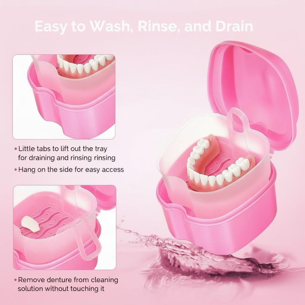 Rosenice Denture Storage Box Set 2 Pack with Strainer Basket | Portable ABS Case