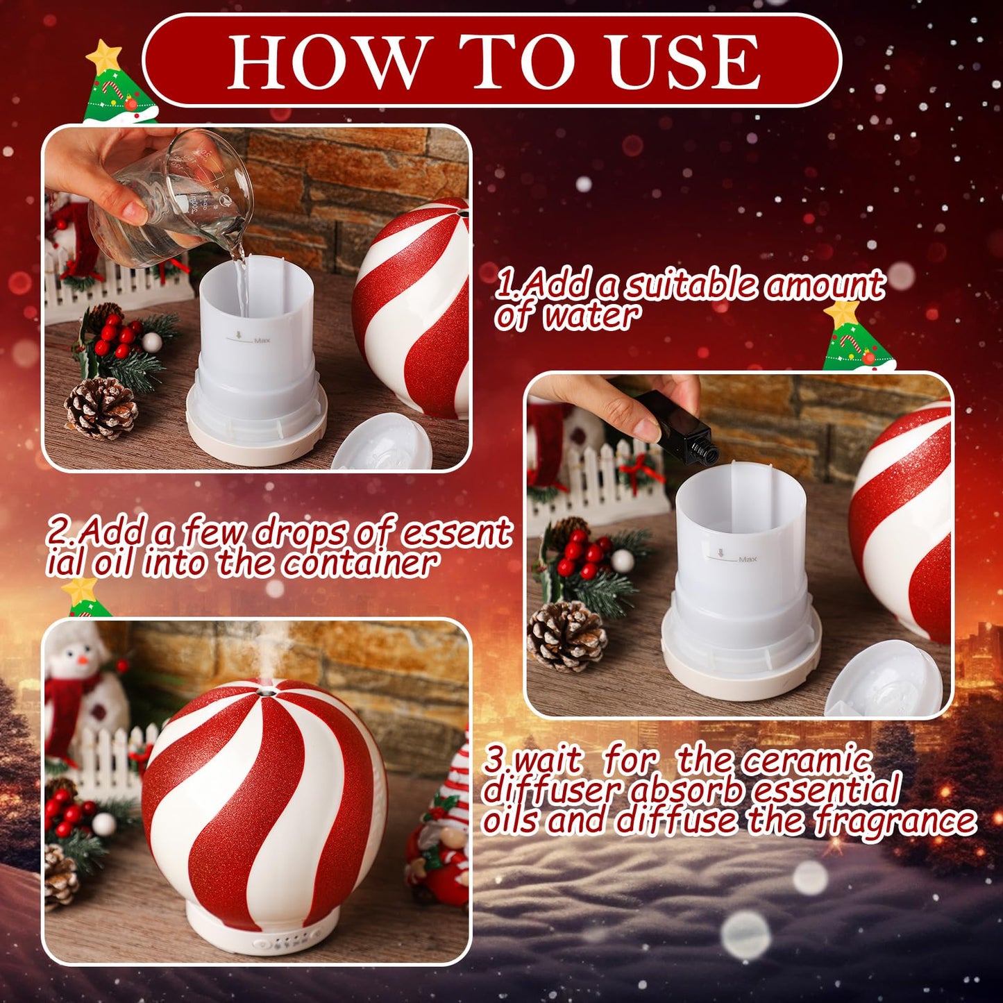 Rossesay Christmas Diffuser 120ml – Candy Cane Ceramic Humidifier