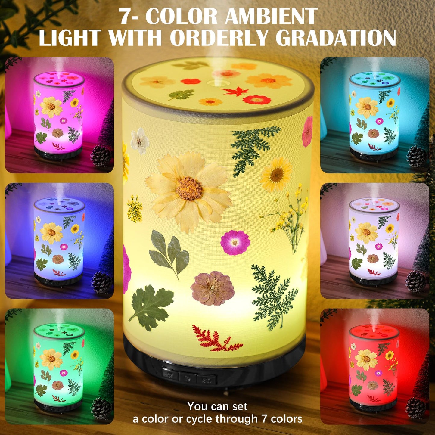 Rossesay Essential Oil Diffuser with Pressed Flower Lamp | 250ml, 7-Color LED, Auto-Off, 3 Mist Modes