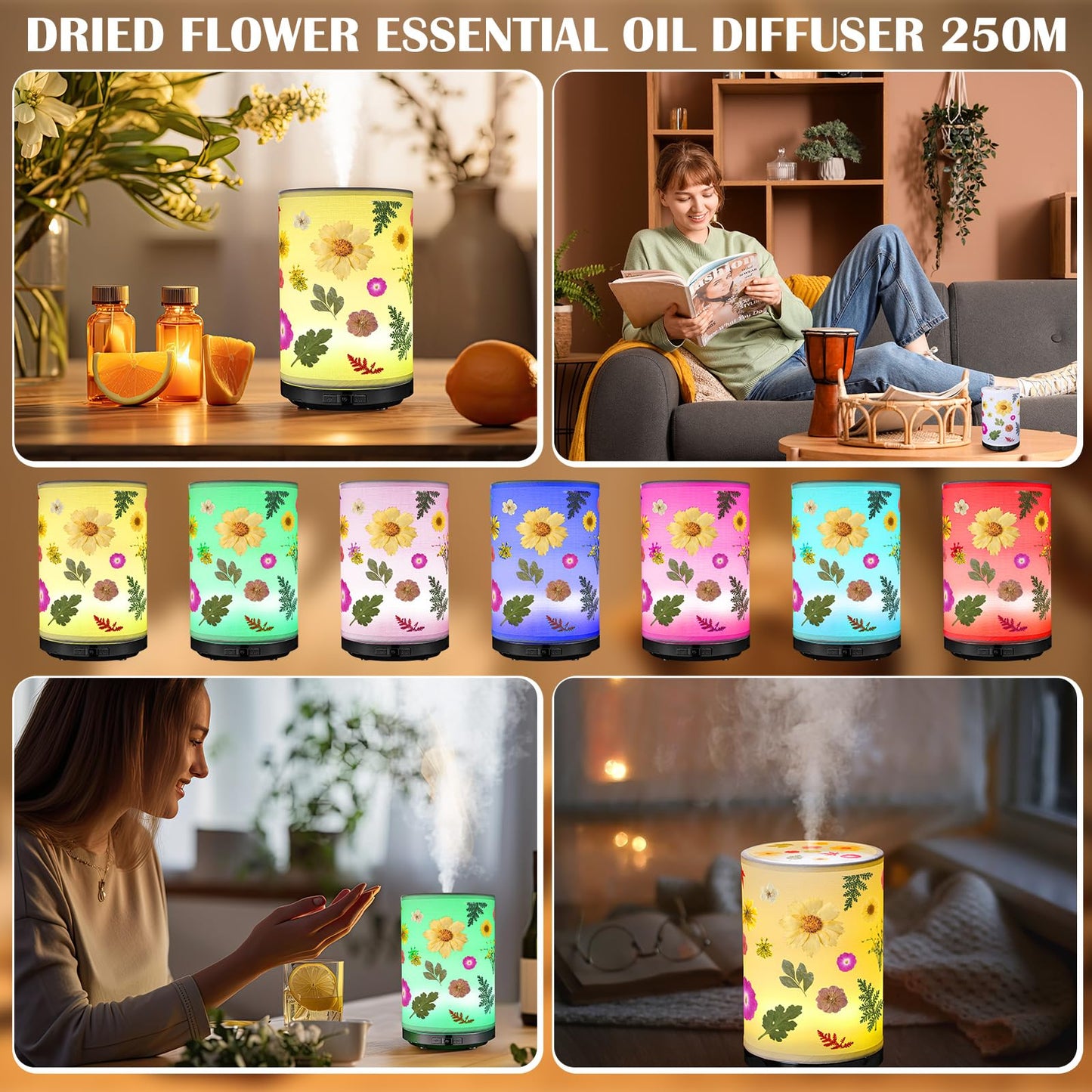 Rossesay Essential Oil Diffuser with Pressed Flower Lamp | 250ml, 7-Color LED, Auto-Off, 3 Mist Modes