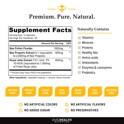 Vivid Health Nutrition Royal Jelly & Bee Pollen Capsules - High Potency, 90 Count