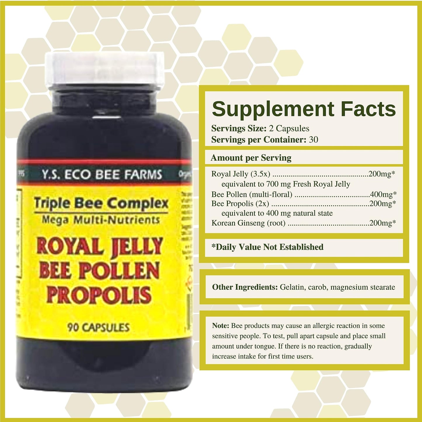 YS Organics Triple Bee Complex - Royal Jelly, Bee Pollen & Propolis | 90 Capsules + Bonus Key Chain