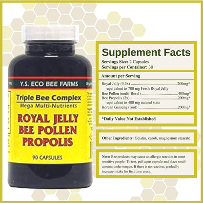 YS Organics Triple Bee Complex - Royal Jelly, Bee Pollen & Propolis | 90 Capsules + Bonus Key Chain