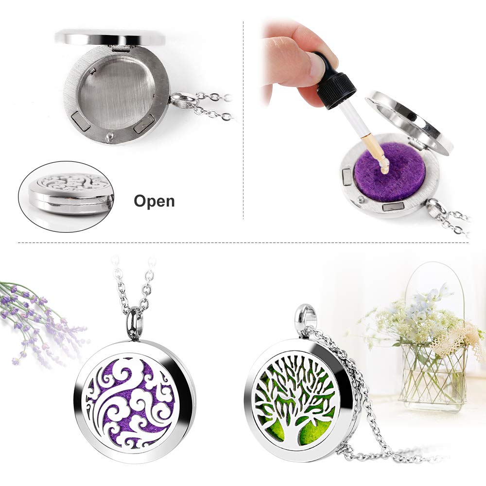 RoyAroma 2PCS Aromatherapy Diffuser Necklace - Two Pendant Patterns, 23.6-inch Adjustable Stainless Steel Chain