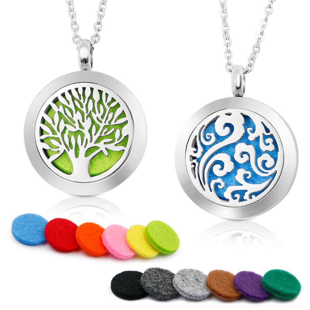 RoyAroma 2PCS Aromatherapy Diffuser Necklace - Two Pendant Patterns, 23.6-inch Adjustable Stainless Steel Chain